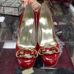 Guess Red Patent Leather With Gold Trim Heels - Sz 7.5